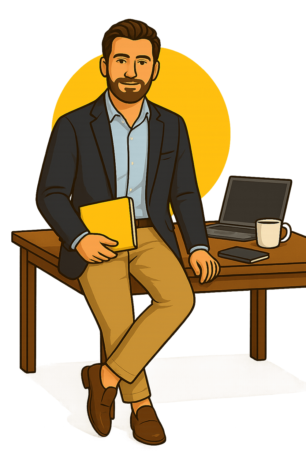 Visibee Gründer sitzt entspannt auf einem Tisch, hält ein gelbes Notizbuch in der Hand und vermittelt Vertrauen sowie Kompetenz – ideal für den persönlichen Abschluss der Landingpage.