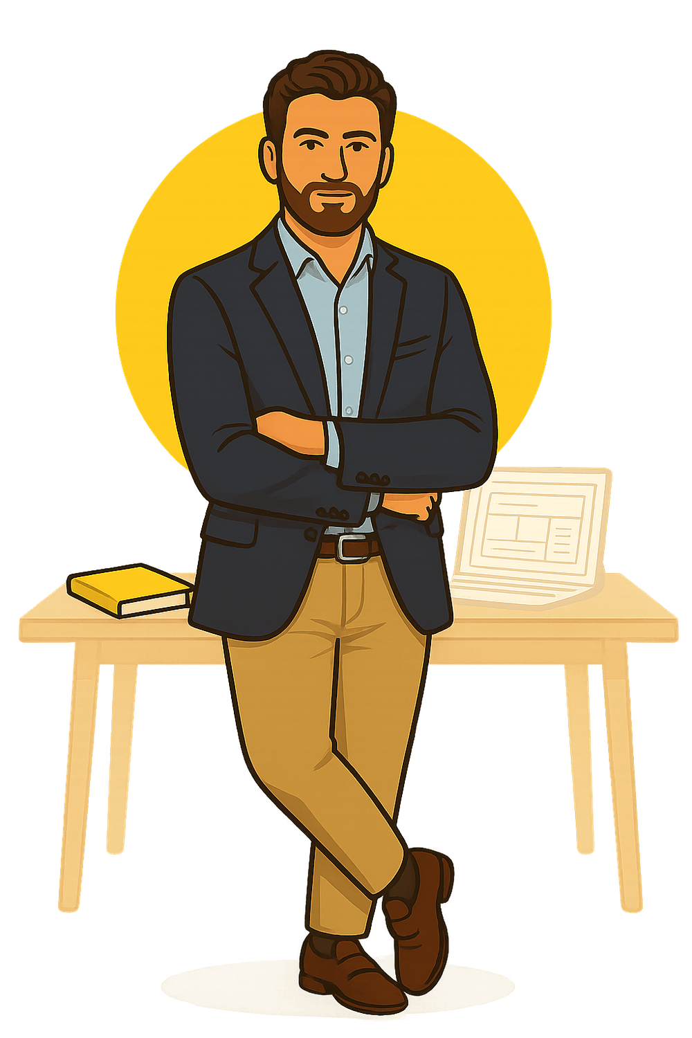 Gründer in Business-Outfit lehnt entspannt am Schreibtisch mit Laptop und Buch – steht für fundiertes, praxisnahes Wissen im E-Book.