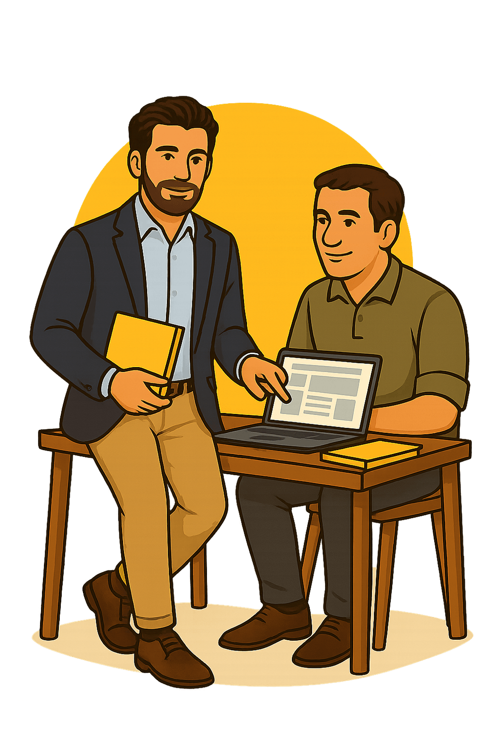 Zwei Männer am Tisch besprechen gemeinsam Website-Inhalte auf dem Laptop – im Vordergrund der Gründer mit dem eBook „Website, die Kunden bringt“ in der Hand. Visualisierung des Praxiswissens, das im eBook vermittelt wird