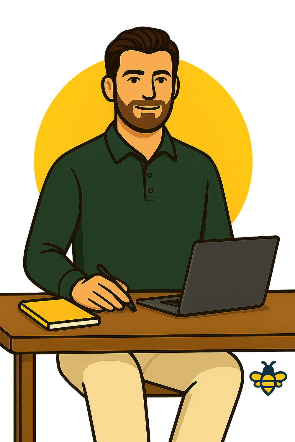Gründer von Visibee, arbeitet am Laptop mit Notizbuch und Biene – jetzt mehr über die Vision hinter Visibee erfahren