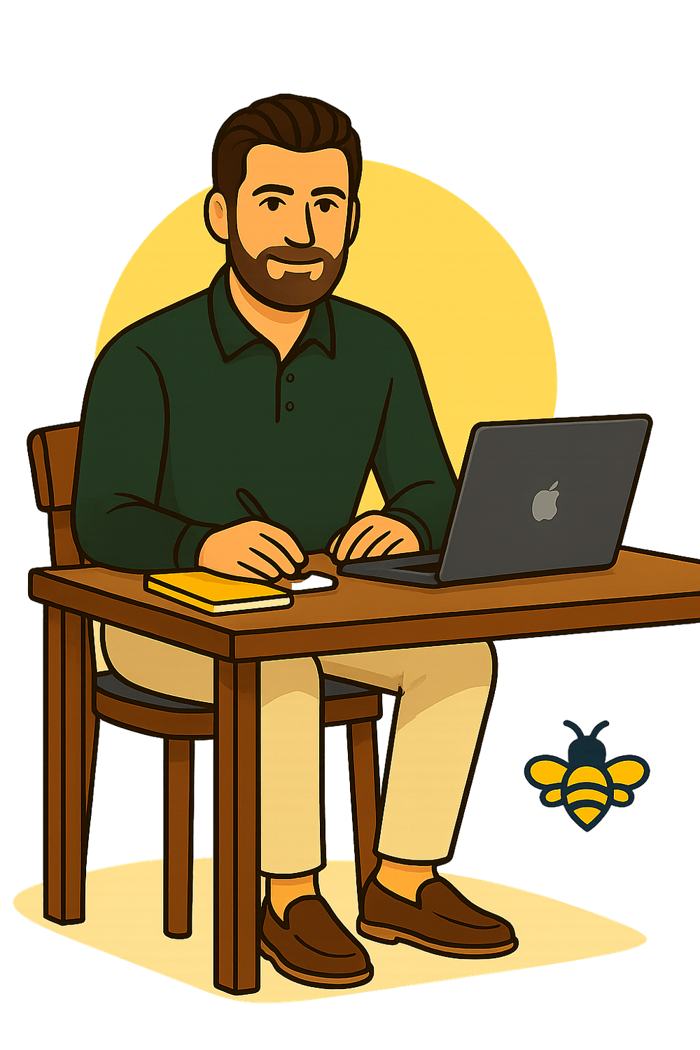 Gründer Moritz Kemmerer am Schreibtisch mit Laptop, Notizblock und Visibee-Biene – dein Ansprechpartner für einfache Marketinglösungen