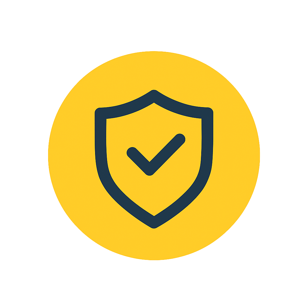 Icon Fehlerminimierung – Schild mit Haken auf gelbem Kreis, sichere Umsetzung (Visibee)