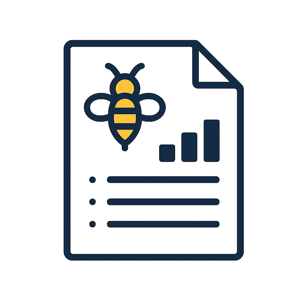 Icon mit Dokument und Visibee-Biene – steht für systematische Umsetzung mit Vorlagen & Schritt-für-Schritt-Hilfen