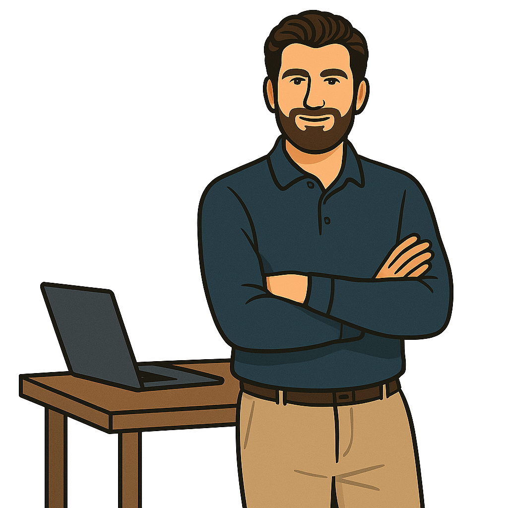 Der Visibee-Gründer steht lächelnd vor einem Laptop – Verweis auf die Story und Mission hinter Visibee