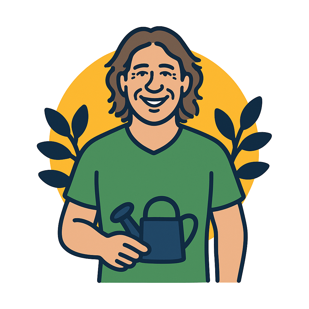 Illustration eines lächelnden Gärtners mit Gießkanne – echte Kundenstimme aus Aschaffenburg im Visibee-Stil
