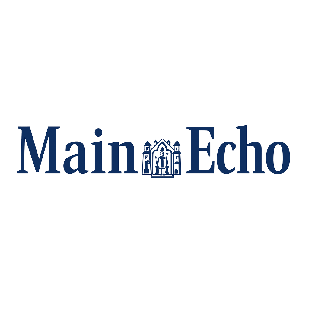 Main-Echo Logo in navyblauer Schrift mit stilisierter Dom-Illustration – regionale Tageszeitung aus Aschaffenburg.