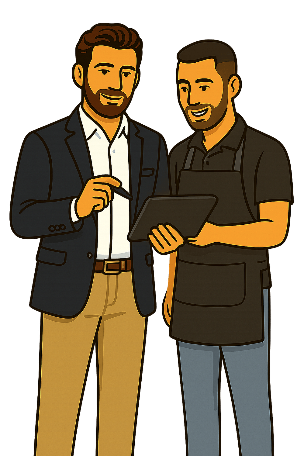 Moritz Kemmerer im Gespräch mit Friseur, der auf einem Tablet eine Anleitung zu Google-Bewertungen anschaut – praxisnahe Hilfe für bessere Bewertungen