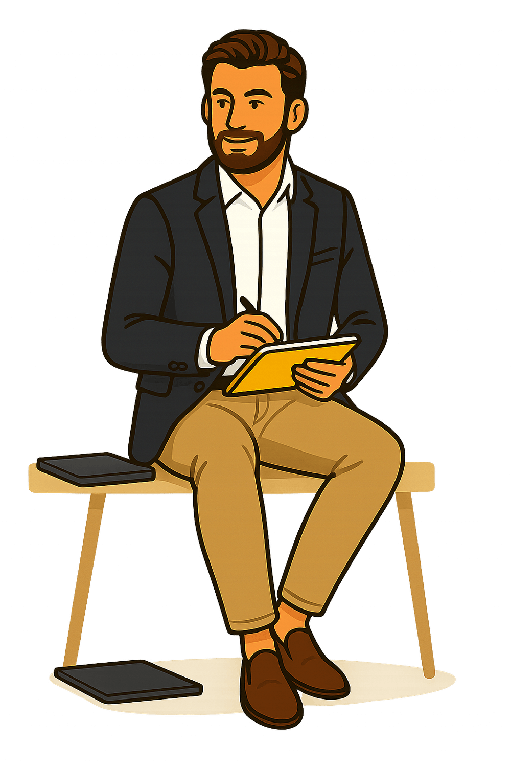 Illustration des Visibee-Gründers auf einer Bank mit Tablet und Stift – bereit, mit lokalen Betrieben durchzustarten