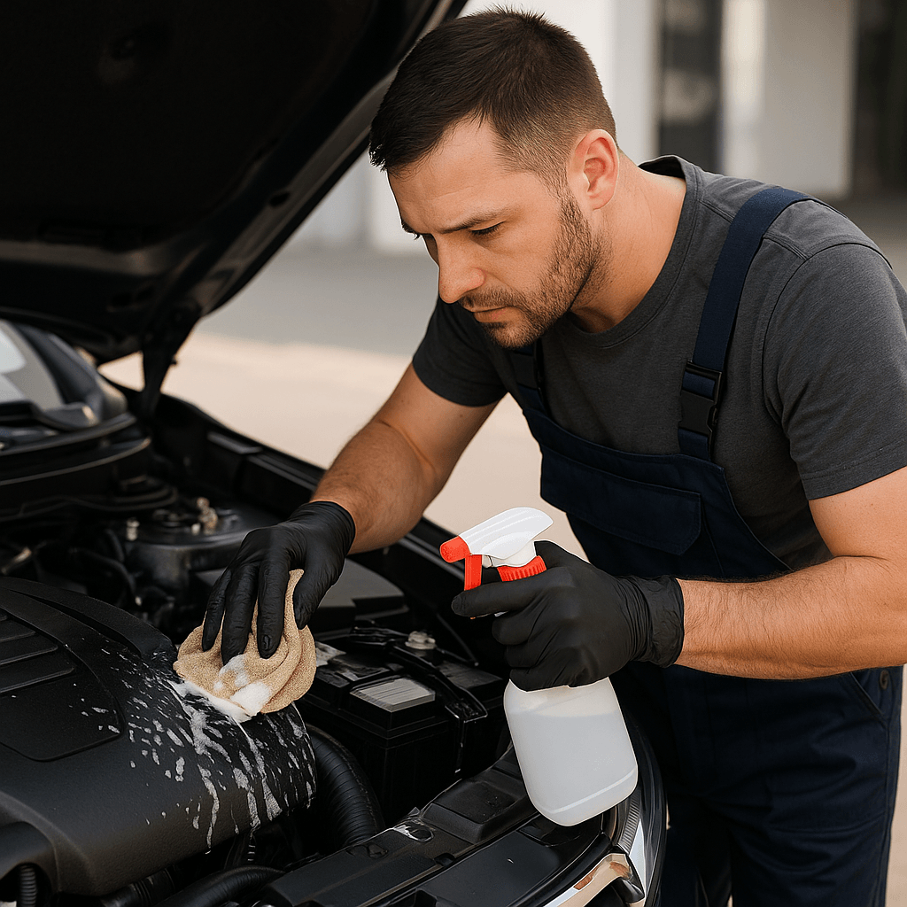 tecnico-automotriz-limpiando-motor-auto-ecuador