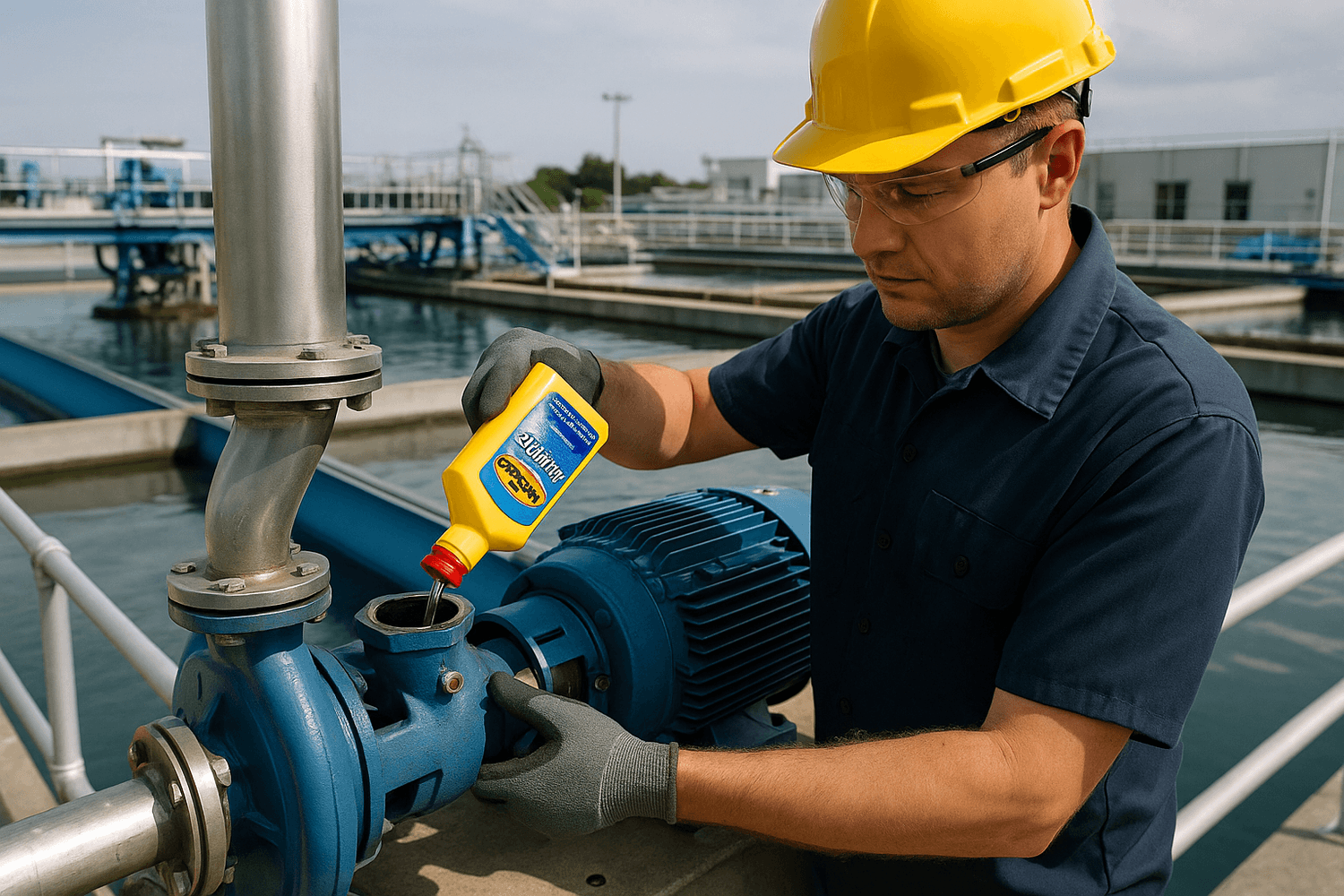 tecnico-aplicando-rislone-water-treatment-engine-planta-tratamiento