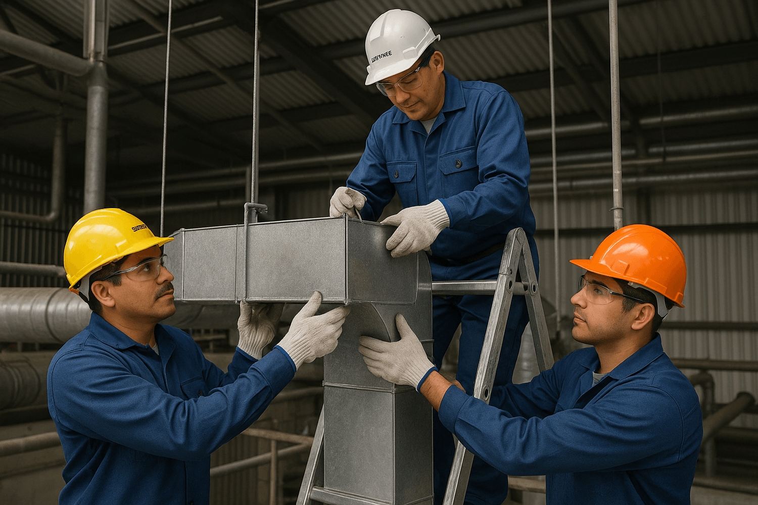 equipo-industrial-ecuador-ajustando-ductos-ventilacion-servitecdus