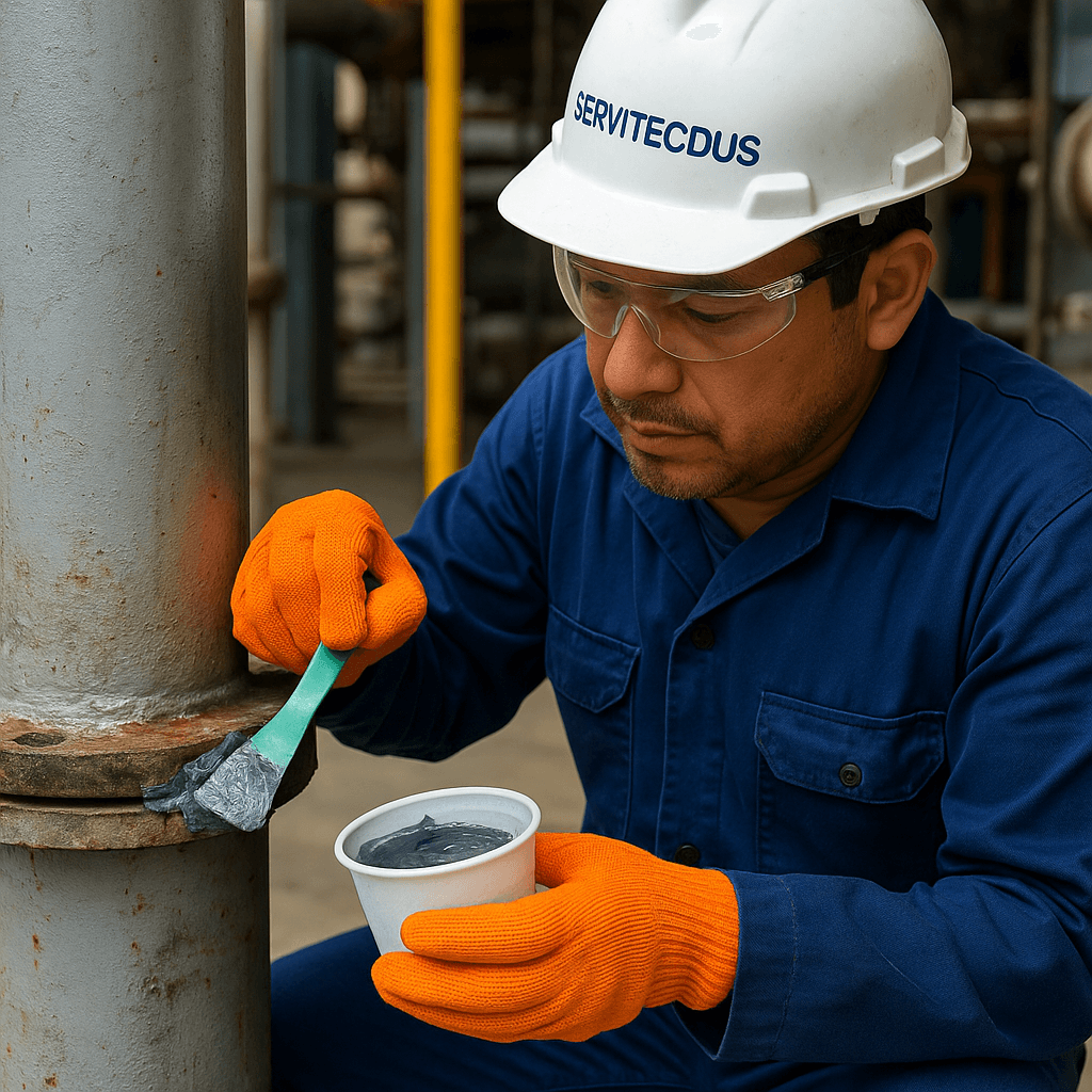 tecnico-industrial-ecuador-aplicando-mezcla-epoxica-servitecdus