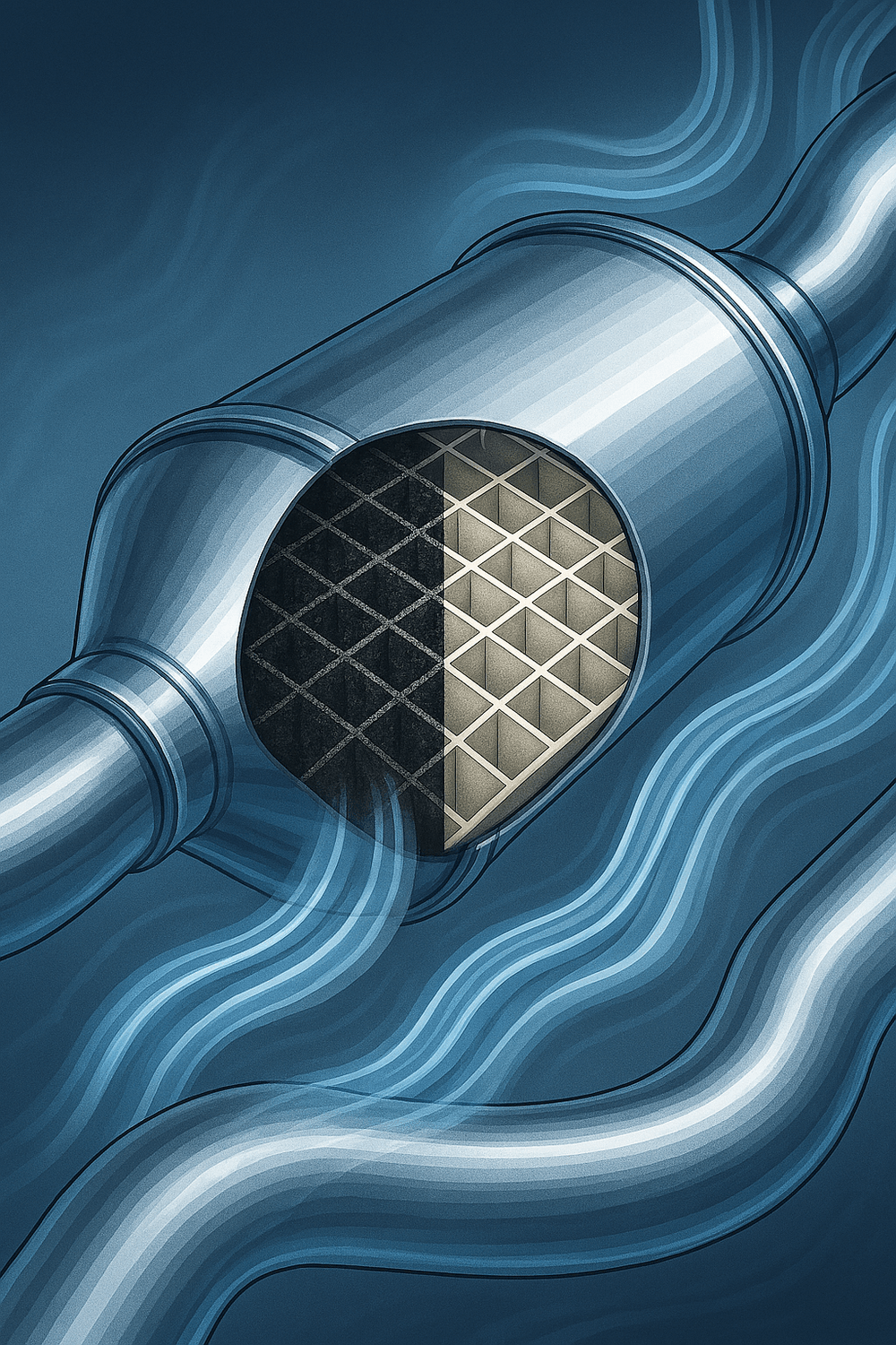 Filtro DPF limpio mostrando flujo de gases estable