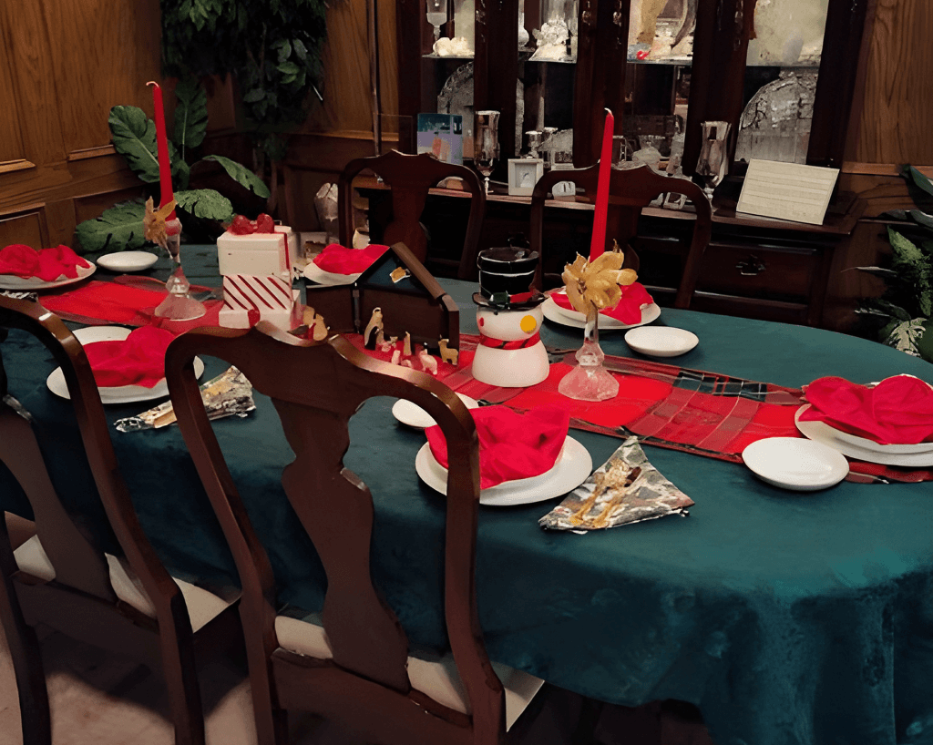 Cherry wood dining set arranged in the grand room