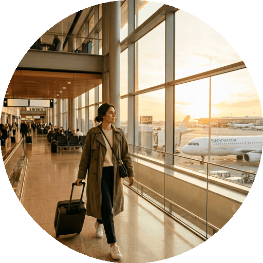 Femme marchant dans un aéroport avec une valise, lumière douce