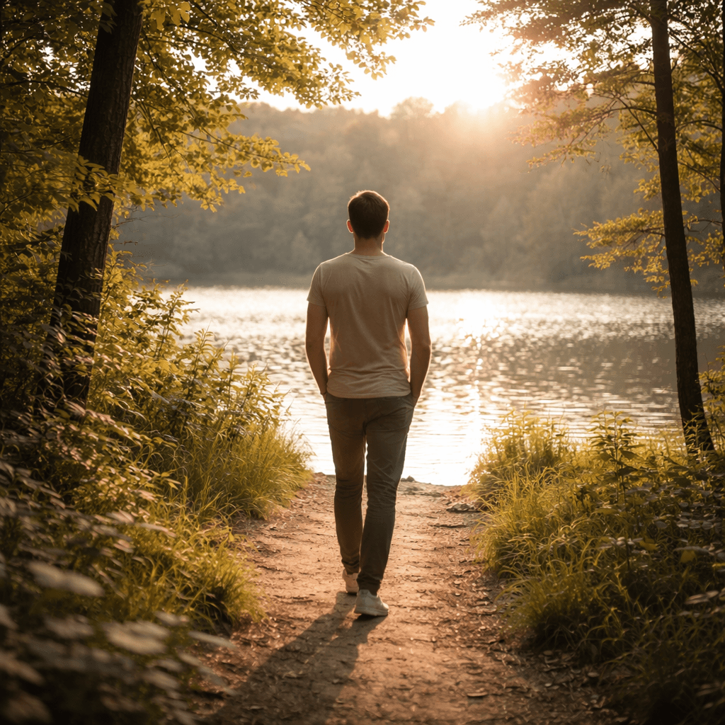 Homme marchant dans la nature vers la lumière, symbolisant un chemin de transformation intérieure et de lâcher-prise