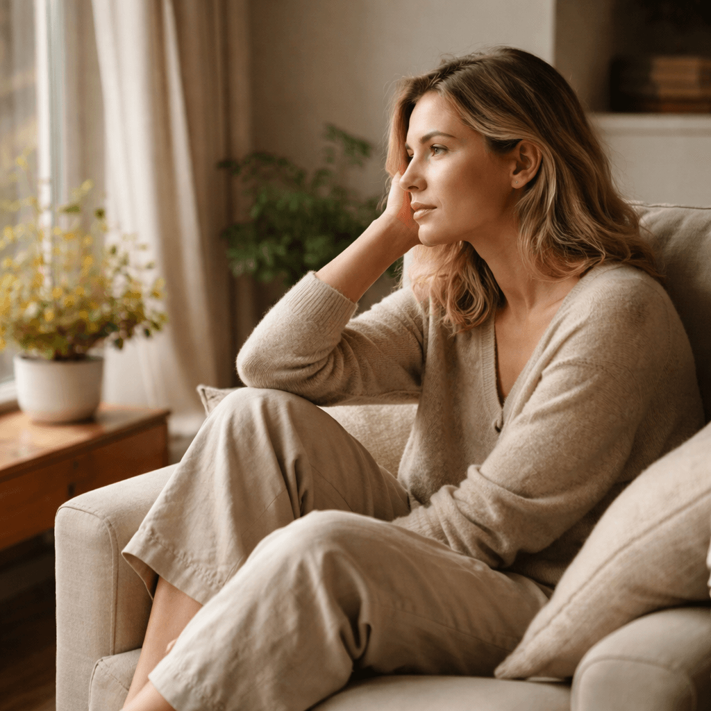 Femme en réflexion dans un intérieur apaisant, représentant la charge mentale et le besoin de transformation intérieure