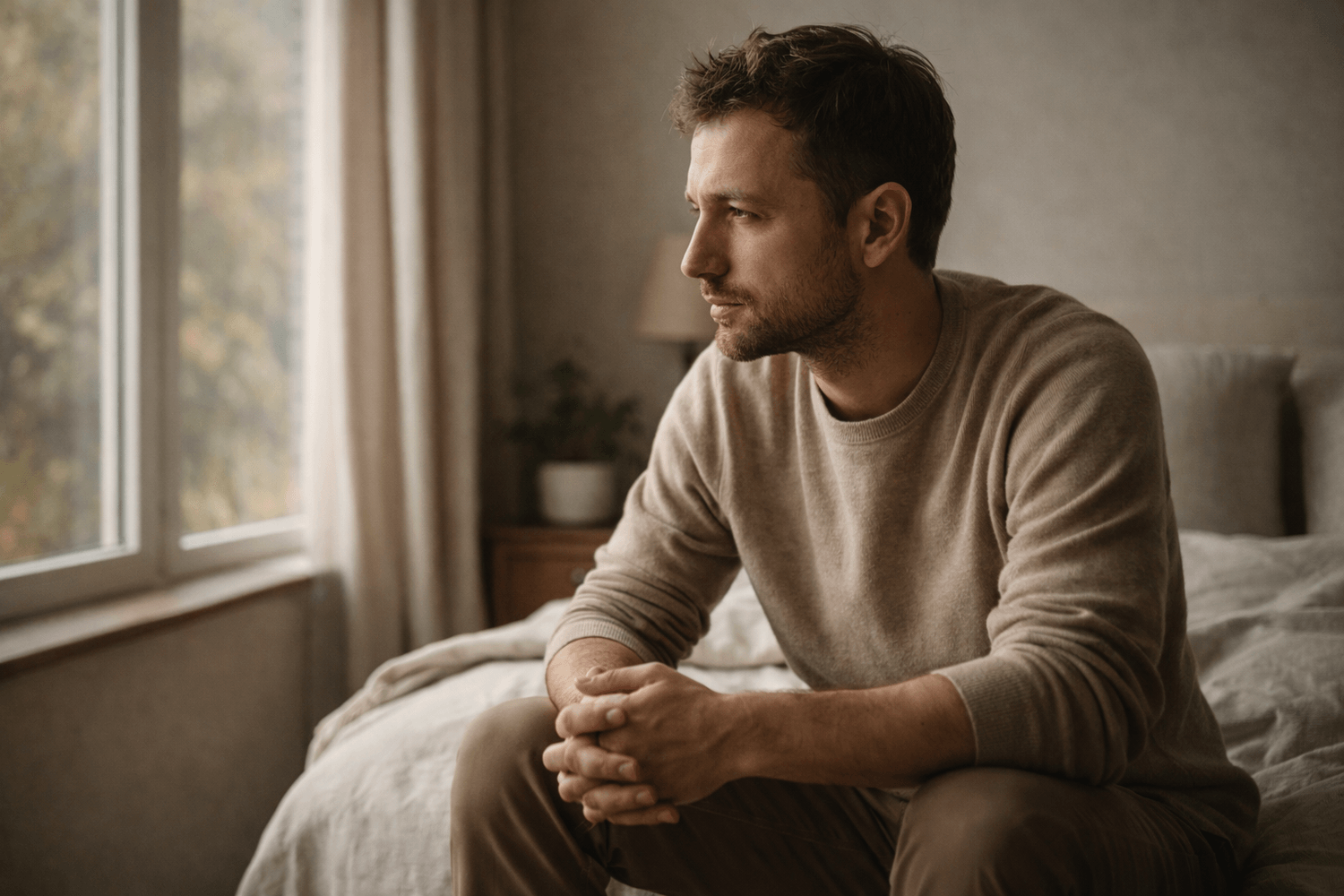 Homme en réflexion dans un intérieur calme, représentant la fatigue mentale et le besoin de prendre du recul