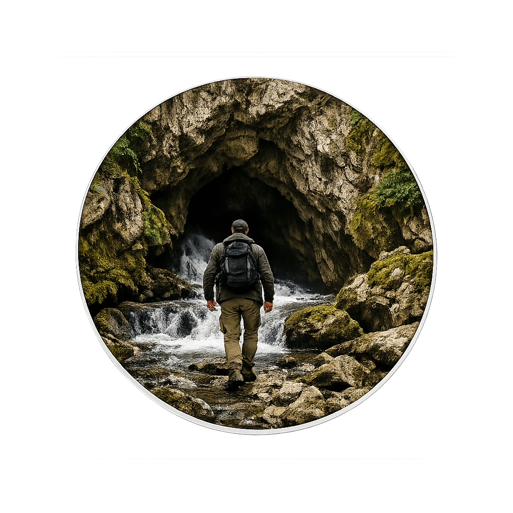 Homme marchant vers une grotte avec de l’eau qui coule, image symbolique du parcours Voyage vers soi