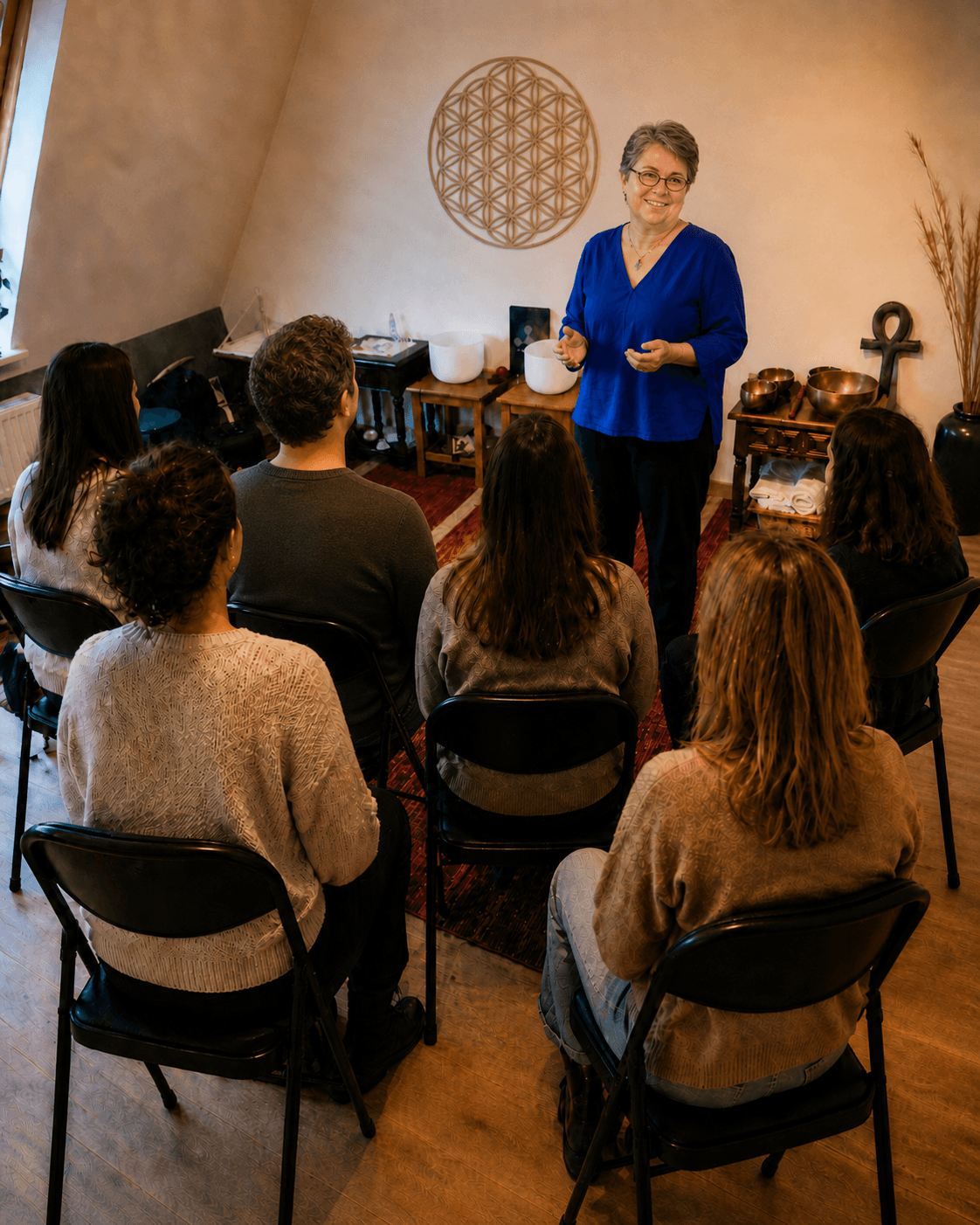 Julie Lamarque anime un atelier de développement personnel - Les Escales en petit groupe à Wavre dans un espace chaleureux et apaisant.