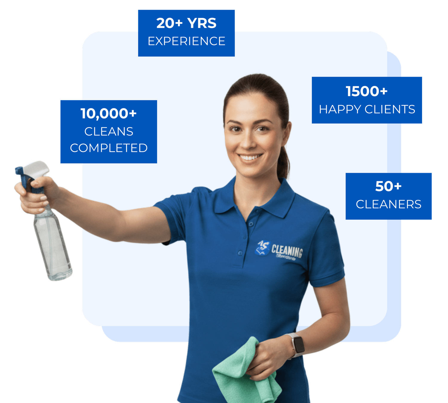 20+ yrs Experience, 10,000+ Cleans completed, 1500+ Happy clients, 50+ Cleaners
