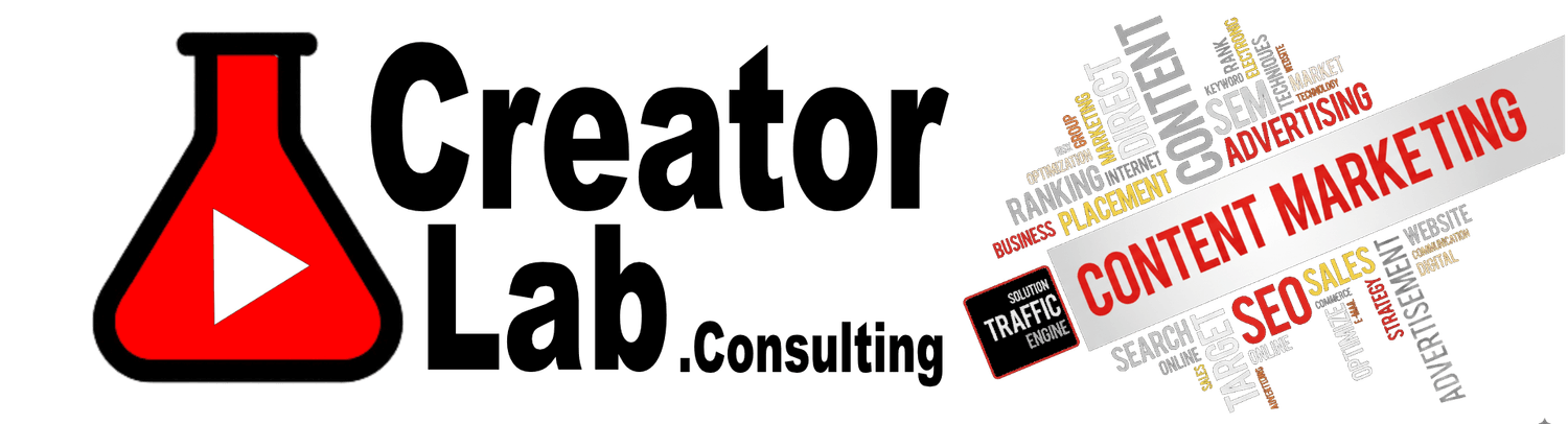 Logo de l’agence CreatorLab.Consulting : une fiole de laboratoire contenant le logo YouTube, entourée d’un nuage de mots liés au marketing de contenu.