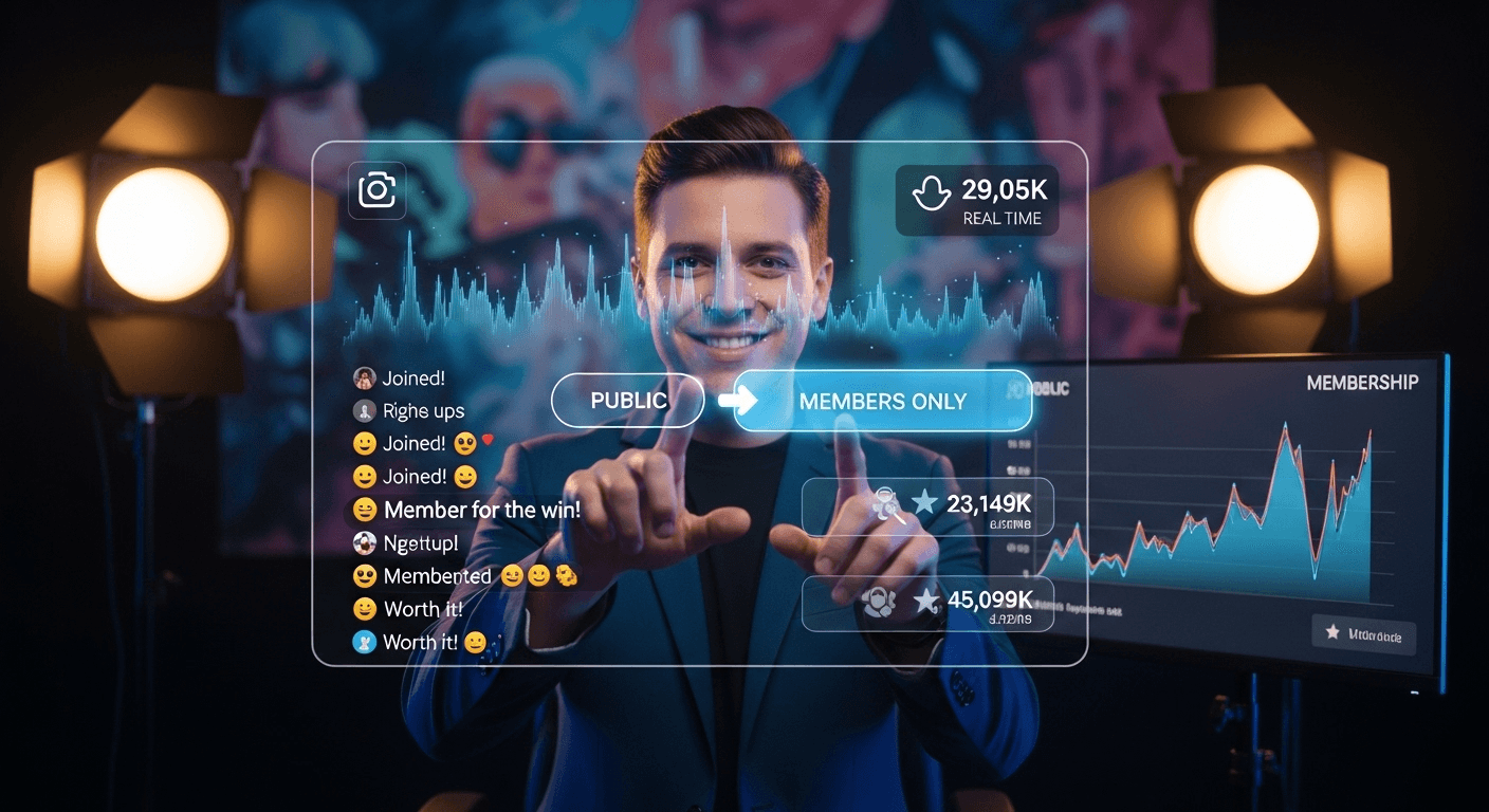 Un créateur de contenu passe un livestream YouTube de public à réservé aux membres, illustrant la nouvelle fonctionnalité de monétisation en temps réel.
