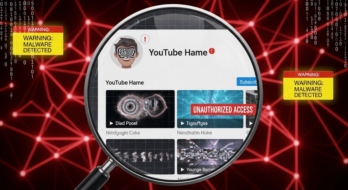 Une loupe examine un écran d'ordinateur montrant des éléments de chaîne YouTube modifiés, symbolisant la détection d'un piratage.