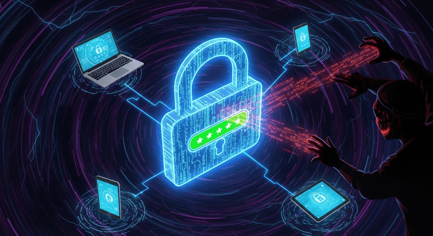 Une icône de cadenas numérique sécurisé avec des appareils connectés, illustrant l'importance de la sécurisation du compte Google contre les pirates.