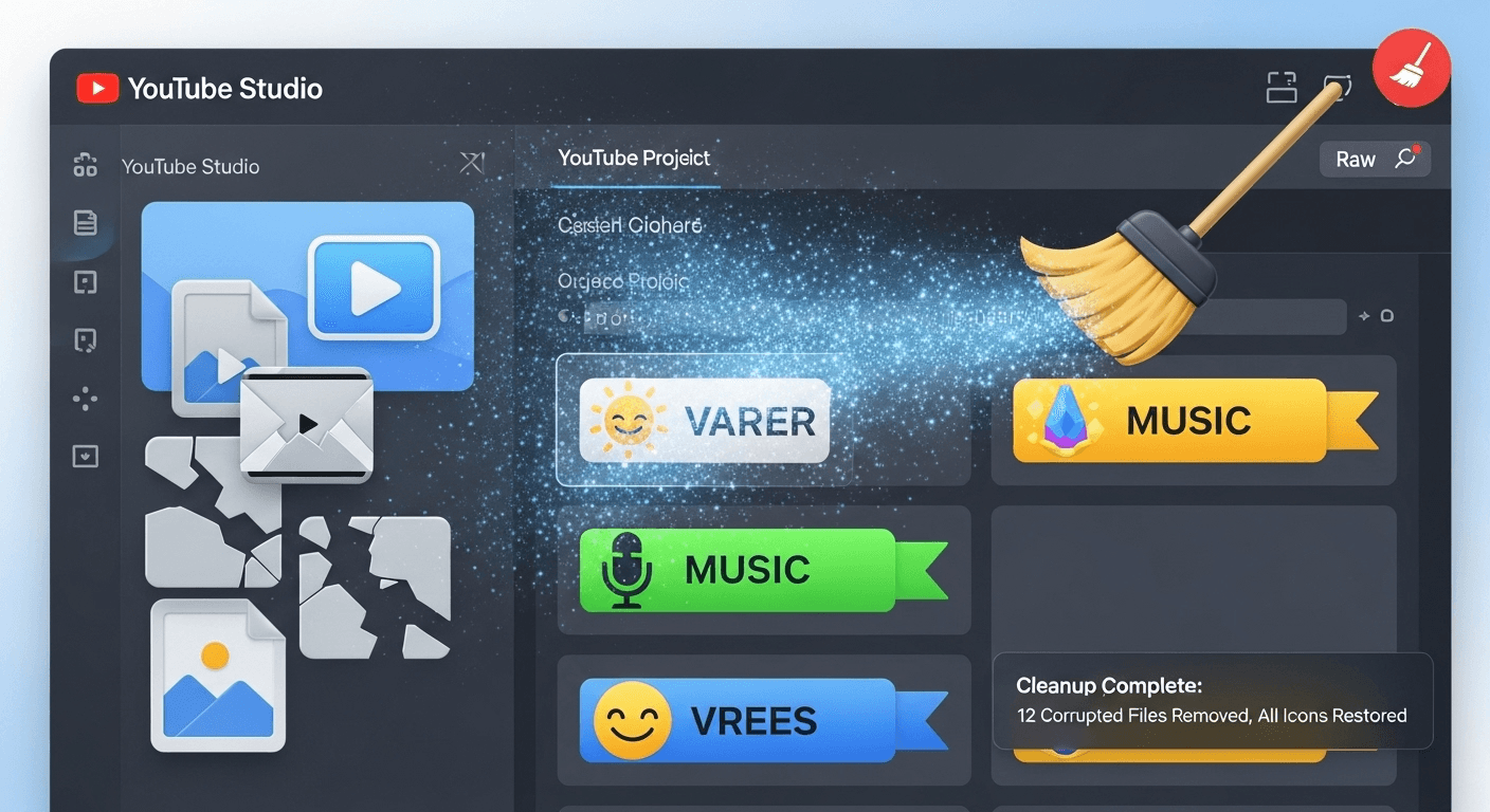 Un balai numérique nettoie le tableau de bord YouTube Studio, symbolisant le processus de restauration et de suppression des contenus piratés.