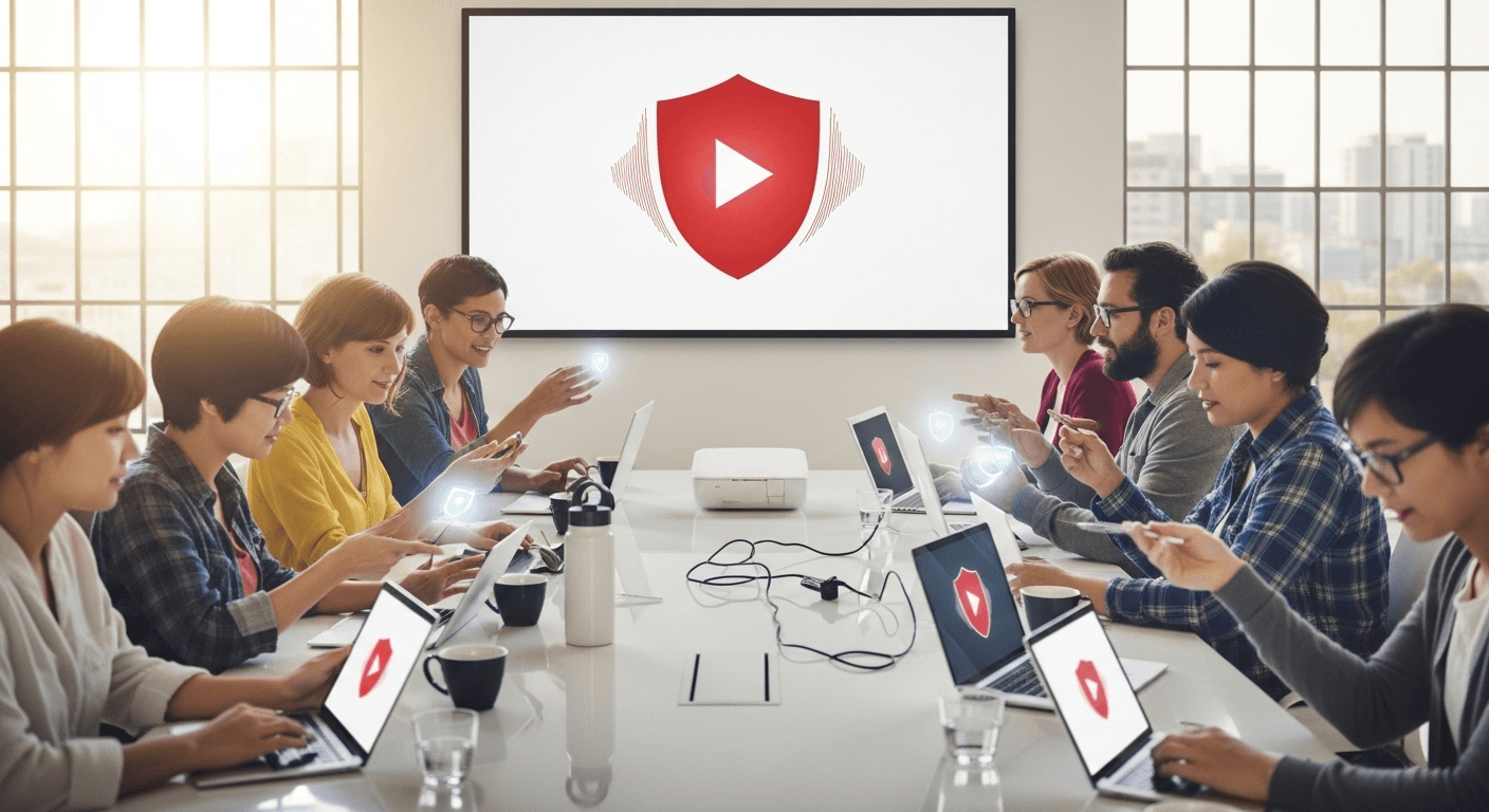 Un groupe de collaborateurs sécurisant leurs appareils, avec un bouclier central, illustrant l'importance de la sécurité collective pour la chaîne YouTube.