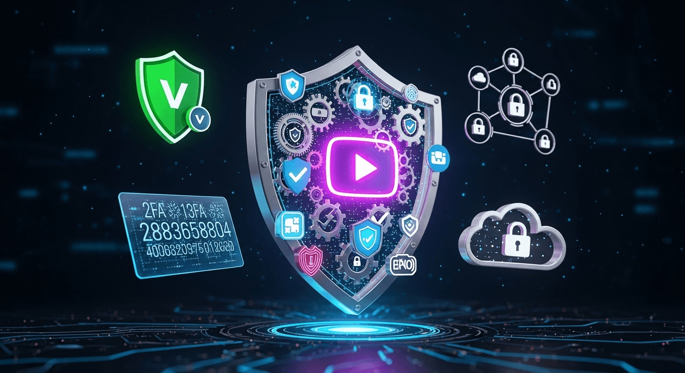 Un bouclier numérique protège un bouton lecture YouTube, entouré d'icones de sécurité, représentant des mesures de prévention robustes.