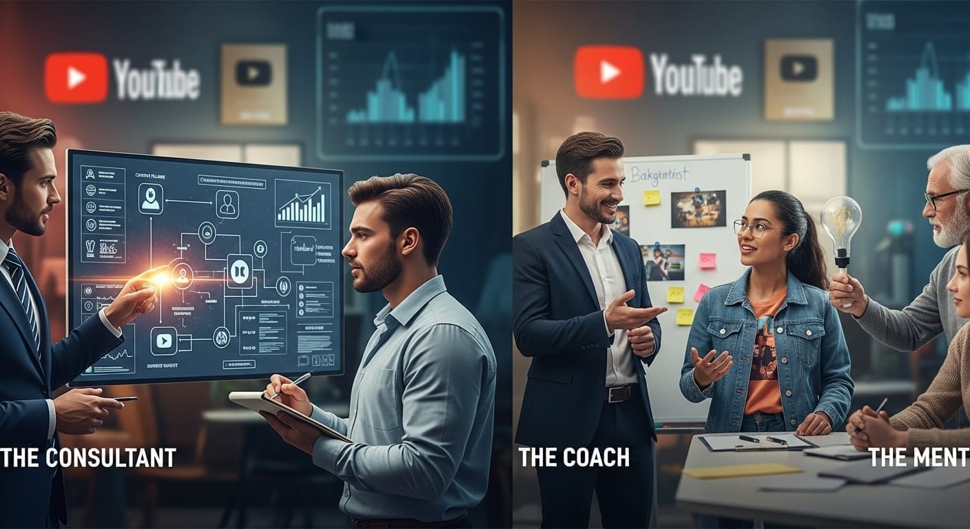 Illustration des rôles d'un consultant, d'un coach et d'un mentor YouTube, chacun avec une approche distincte et complémentaire.