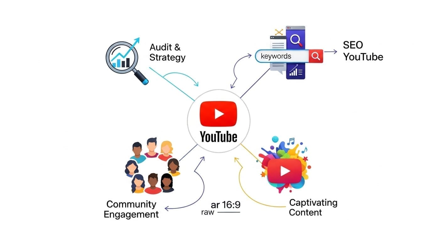 Infographie stylisée des cinq piliers de la croissance d'une chaîne YouTube : audit, SEO, contenu, communauté et monétisation.