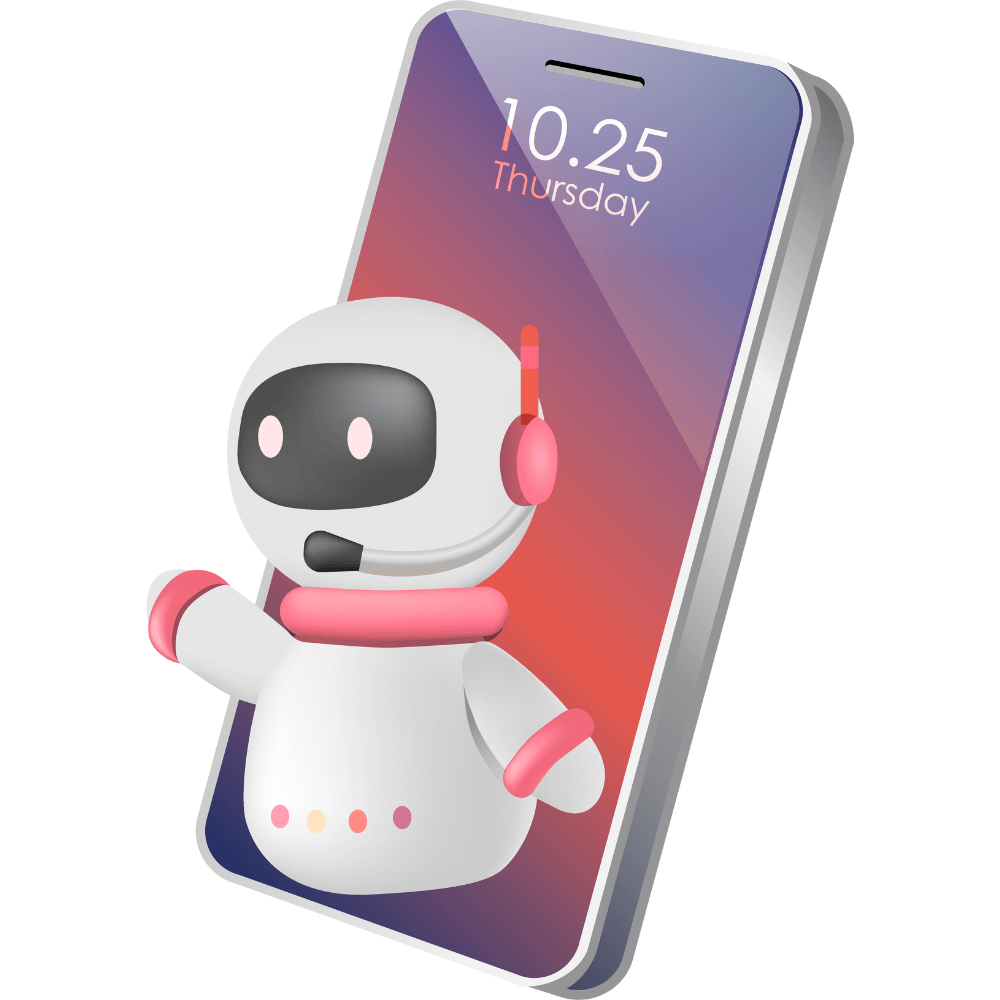 Small pink and white AI agent emerging from a smartphone, symbolizing virtual assistance and customer support automation.