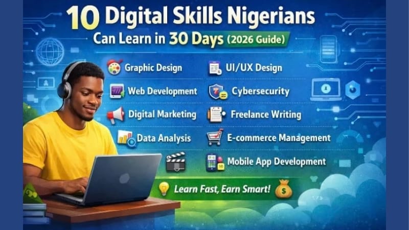 Nigerian student learning digital skills on laptop and smartphone