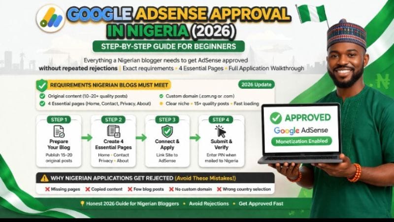 Infographic showing step-by-step Google AdSense approval process in Nigeria 2026, including requirements, essential pages, application steps, and common rejection reasons for Nigerian bloggers