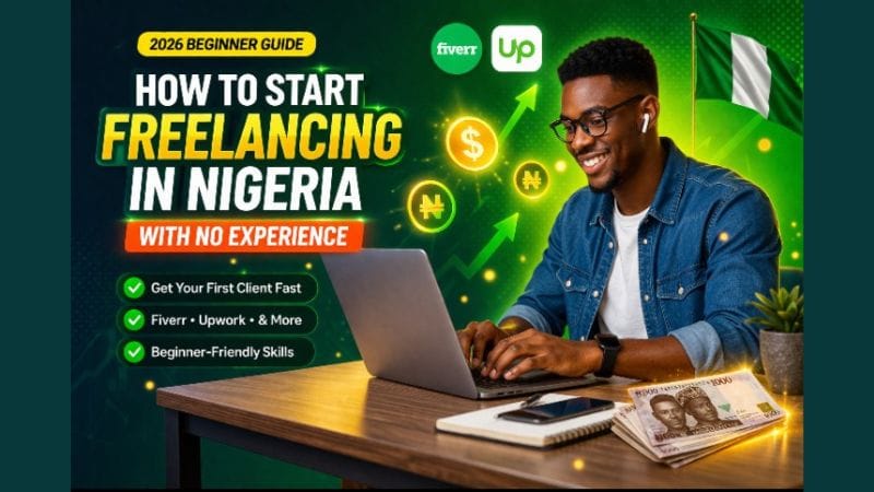 Freelancer working on a laptop with dollar and naira symbols showing how to start freelancing in Nigeria with no experience in 2026