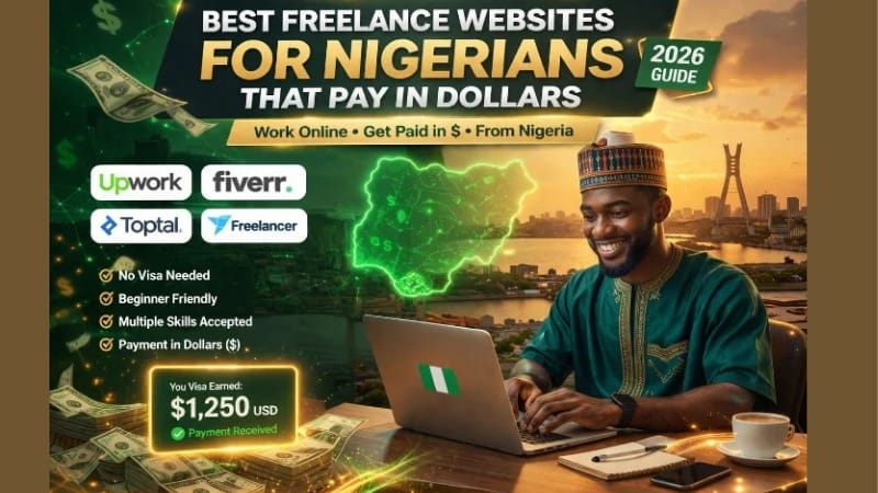 Freelancer working on a laptop with dollar and naira symbols showing how to start freelancing in Nigeria with no experience in 2026