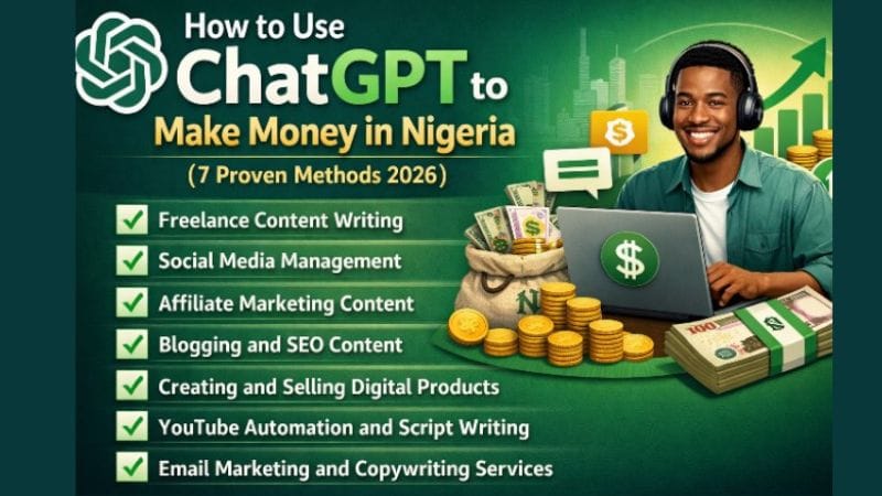 Infographic showing 7 proven ways to make money in Nigeria using ChatGPT in 2026, including freelance writing, social media management, affiliate marketing, blogging, digital products, YouTube automation, and email marketing.