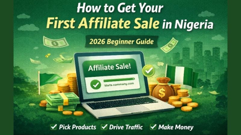 Infographic showing step-by-step methods to get your first affiliate sale in Nigeria in 2026, including choosing a niche, promoting products, driving traffic, and converting leads into sales.