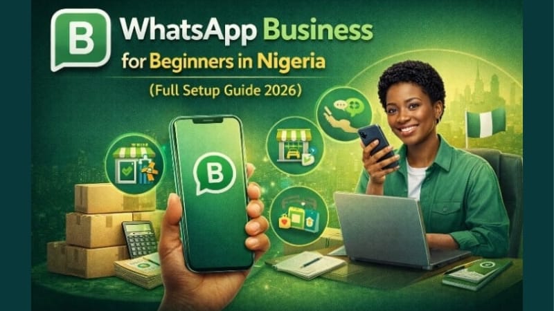 Infographic showing how to set up WhatsApp Business in Nigeria for beginners in 2026, including profile setup, catalog creation, automated messages, and tools for growing a small business.
