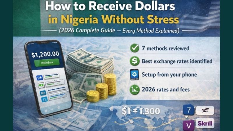 Image of a smartphone displaying dollar balance with cash and exchange rate showing how Nigerians receive and withdraw USD payments in 2026