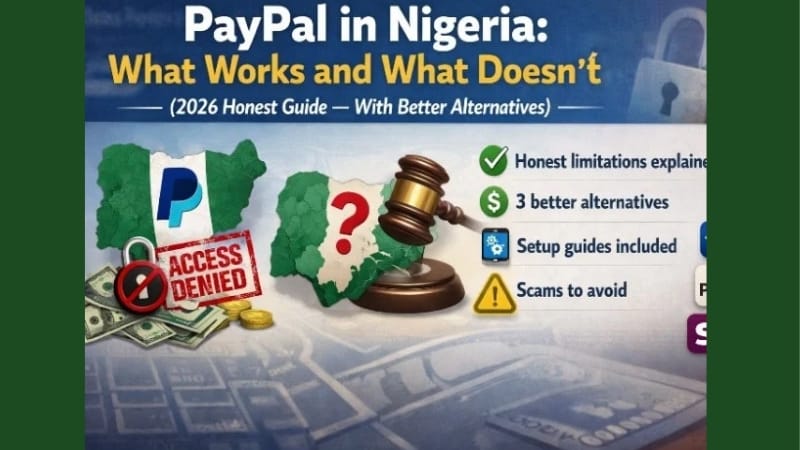 Illustration showing PayPal limitations in Nigeria with access restrictions and alternative payment platforms like Wise, Payoneer, and Skrill