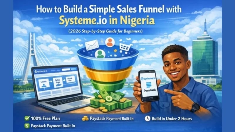 Visual of a simple sales funnel setup using Systeme.io showing lead capture, email automation, and Paystack payment on a laptop and smartphone in Nigeria