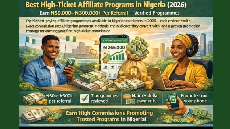 Nigerian affiliate marketer earning high commissions with dollar and naira payments using smartphone and laptop in 2026