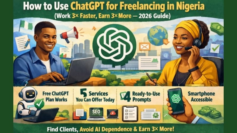 Illustration of Nigerian freelancers using ChatGPT on laptop and smartphone to offer services, complete projects faster, and earn more online in 2026