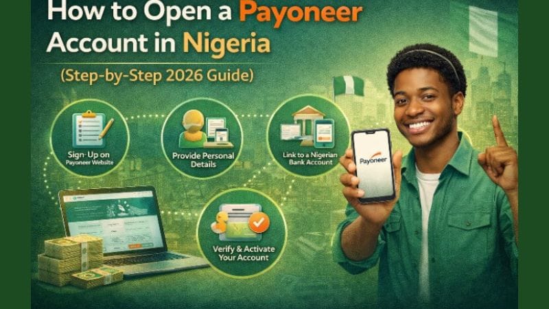 Infographic showing how to open a Payoneer account in Nigeria step-by-step in 2026, including sign-up, submitting personal details, linking a bank account, and account verification with approval in 3–7 days.