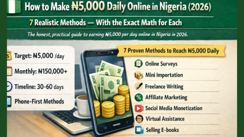 “How to Make ₦5,000 Daily Online in Nigeria (2026)” showing seven realistic online income methods, daily and monthly earnings targets, timeline of 30–60 days, and phone-based opportunities with icons, smartphone illustration, and Nigerian naira visuals.