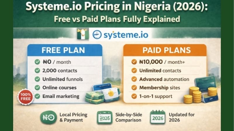 “Systeme.io Pricing in Nigeria (2026): Free vs Paid Plans Fully Explained” showing a side-by-side comparison of the free plan (₦0/month, 2,000 contacts, unlimited funnels, online courses, email marketing) and paid plans (₦10,000+/month, unlimited contacts, advanced automation, membership sites, 1-on-1 support), with icons for local pricing, side-by-side comparison, and 2026 updates, plus Nigerian flag and visual elements representing money and devices.